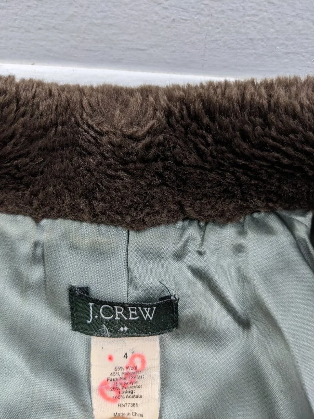 J Crew Pea Coat Wool Double Breasted Faux Fur Collar Green Womens 4